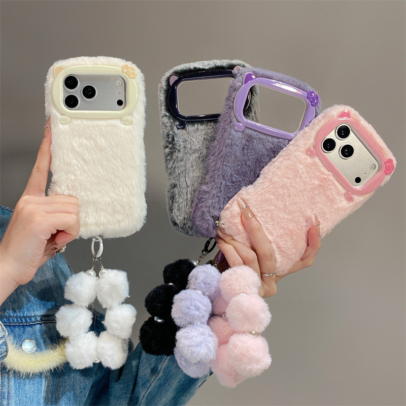 Phone Cases Luxury - 高級感のある無地のファー素材のプラッシュフォンケース iPhone 17 Air 16 15