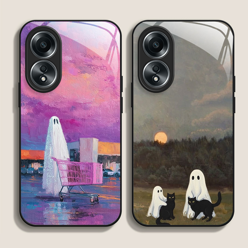 Phone Cases Realme - かわいい漫画の黒猫ゴースト柄強化ガラス製スマホケース OPPO Realme 14 13 12