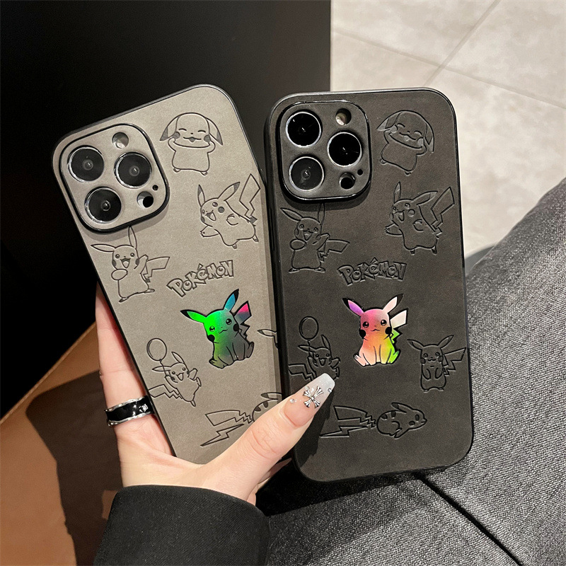 Phone Cases Protective - 漫画ピカチュウフェイクレザーレーザー携帯電話ケース iPhone 15 14 13 12
