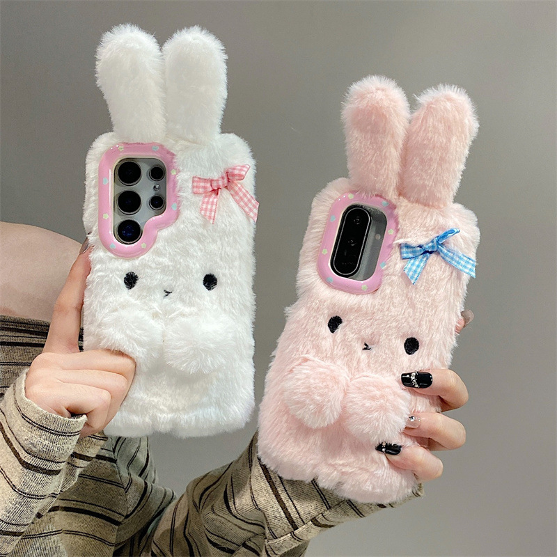 Phone Cases Samsung S23 - コレン 3D カートゥーン リボン付きうさぎ耳 暖かい毛皮のぬいぐるみ風スマホケース サムスン