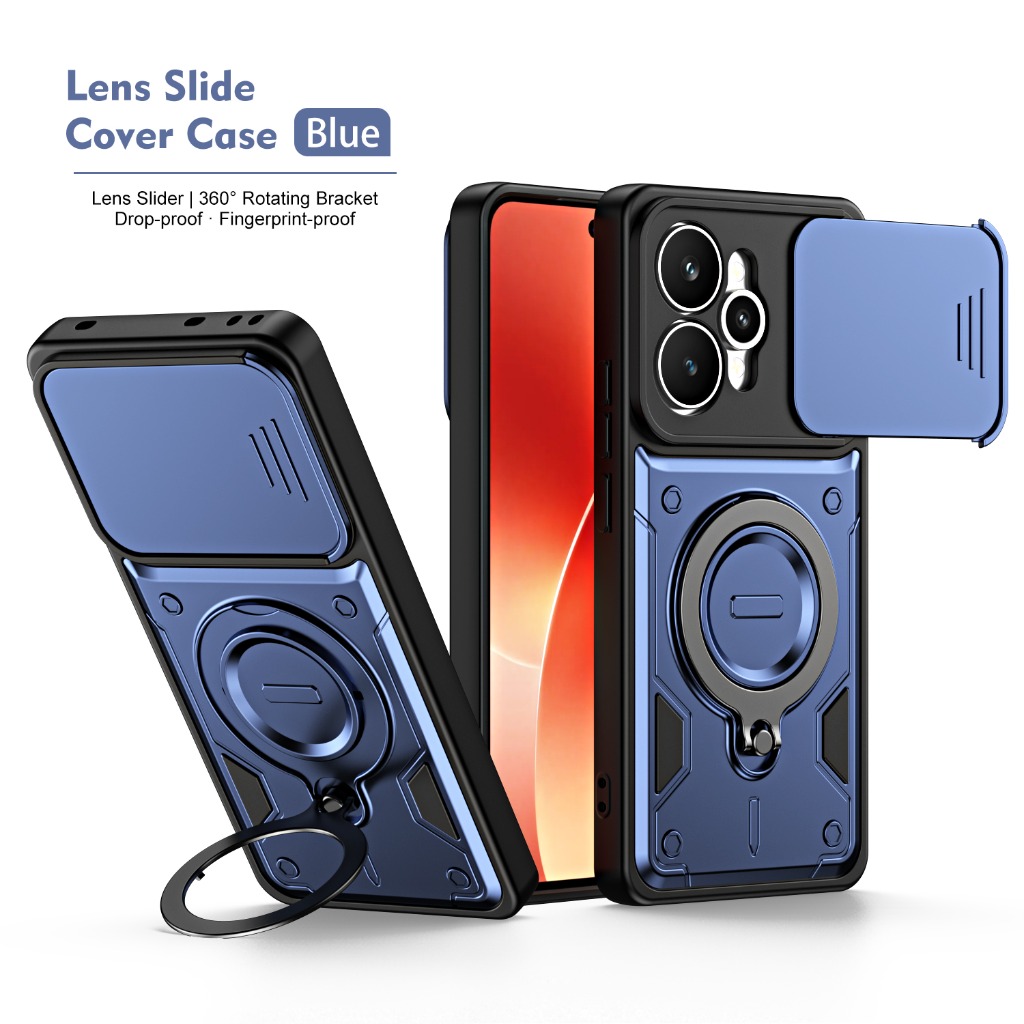 Phone Cases Realme - 耐衝撃アーマーケース スライド式カメラカバー付き 360度保護 ° 回転式リングホルダーキックスタンド Oppo