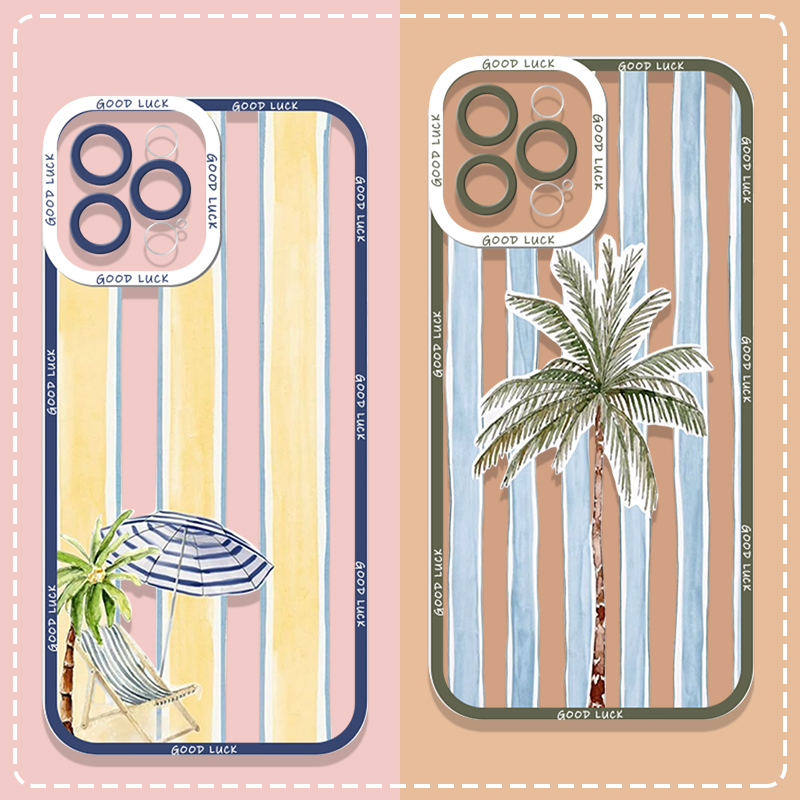 夏のヤシの木とココナッツ柄のストライププリントクリアスマホケ - Phone Cases A14 Samsung のレビューと価格