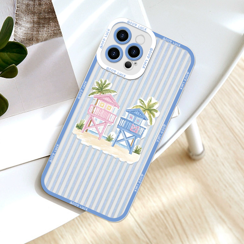 夏のヤシの木とココナッツ柄のストライププリントクリアスマホケ - Phone Cases A14 Samsung のレビューと価格