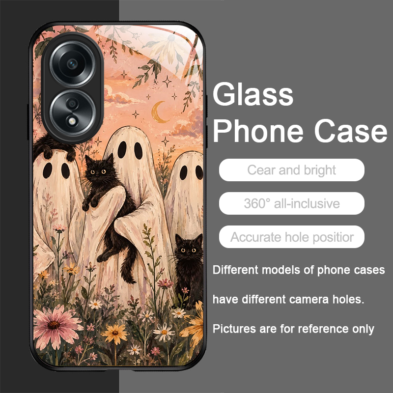 かわいい漫画の黒猫ゴースト柄強化ガラス製スマホケース OPP - Phone Cases Realme のレビューと価格